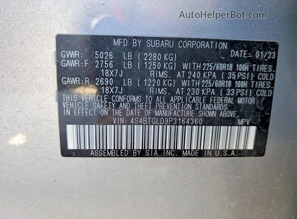 4S4BTGLD9P3164360 2023 SUBARU OUTBACK Серебряный Вид наклейки с VIN-кодом