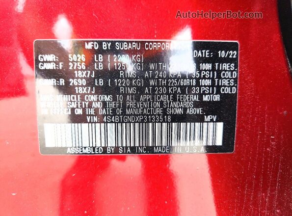 4S4BTGNDXP3133518 2023 SUBARU OUTBACK Maroon VIN sticker view