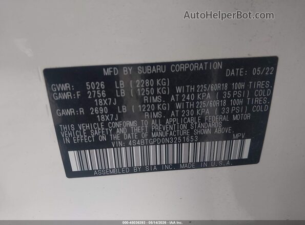 4S4BTGPD0N3251653 2022 SUBARU OUTBACK White Շարժիչի բաժամունքի տեսք