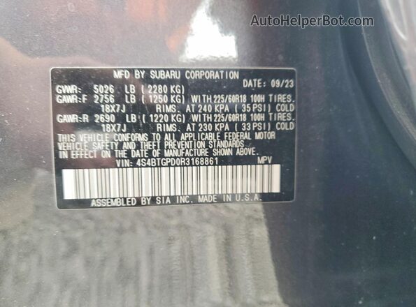 4S4BTGPD0R3168861 2024 SUBARU OUTBACK Серый Панорамный вид салона 360°