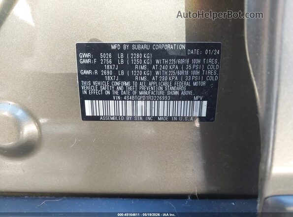 4S4BTGPD1R3226993 2024 SUBARU OUTBACK Бежевый Вид подкапотного пространства