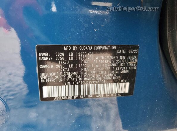 4S4BTGUD3S3265398 2025 SUBARU OUTBACK Синий Панорамный вид салона 360°