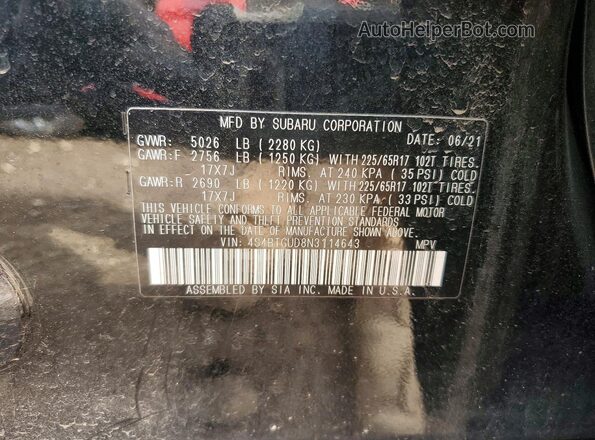 4S4BTGUD8N3114643 2022 SUBARU OUTBACK Черный Вид подкапотного пространства