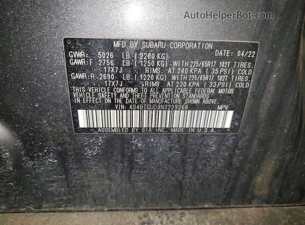 4S4BTGUD9N3229266 2022 SUBARU OUTBACK Серый Вид наклейки с VIN-кодом