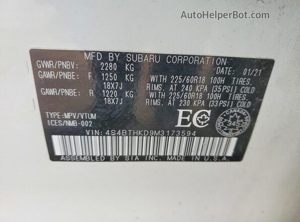4S4BTHKD9M3173594 2021 SUBARU OUTBACK Белый Вид подкапотного пространства