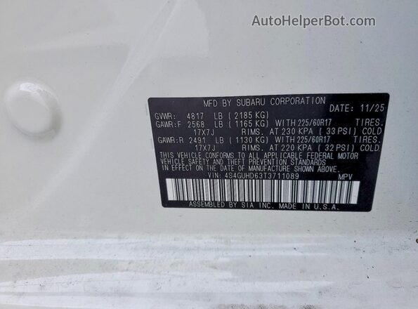 4S4GUHD63T3711089 2026 SUBARU CROSSTREK Белый Панорамный вид салона 360°