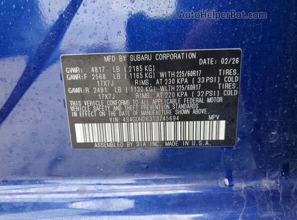 4S4GUHD63T3745694 2026 SUBARU CROSSTREK Синий Вид наклейки с VIN-кодом