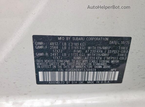 4S4GUHD64T3709979 2026 SUBARU CROSSTREK Белый Вид наклейки с VIN-кодом