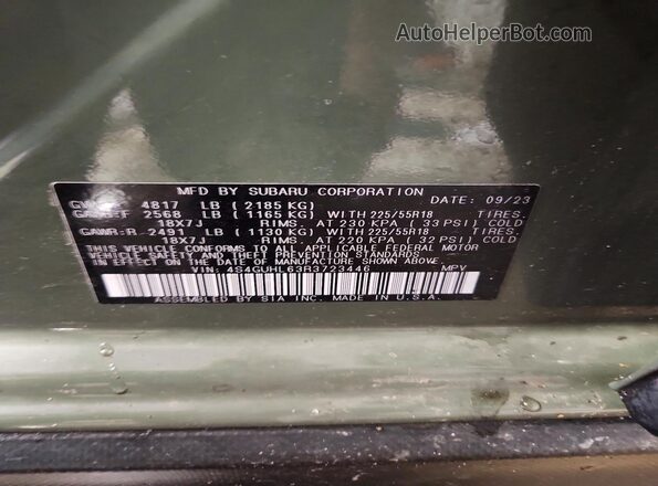 4S4GUHL63R3723446 2024 SUBARU CROSSTREK Green Widok naklejki z numerem VIN