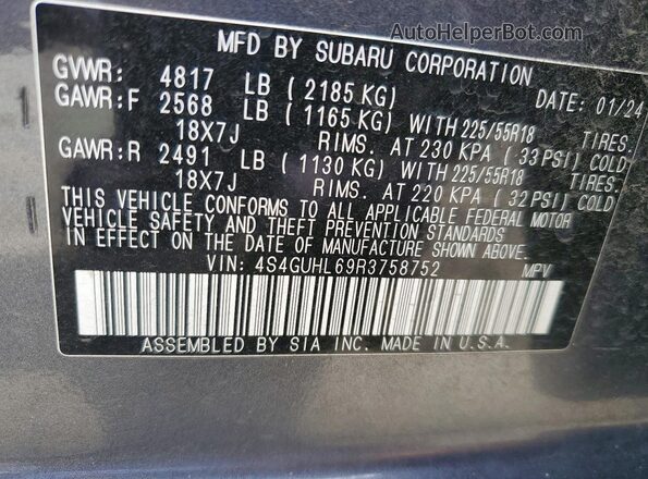 4S4GUHL69R3758752 2024 SUBARU CROSSTREK Угольный Вид наклейки с VIN-кодом