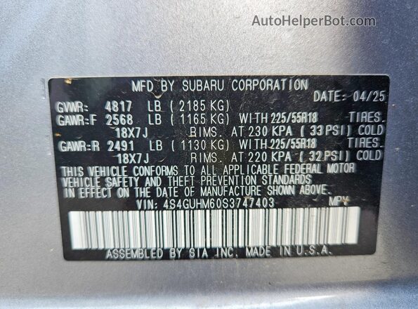 4S4GUHM60S3747403 2025 SUBARU CROSSTREK Серебряный Панорамный вид салона 360°