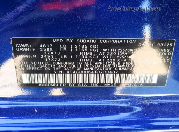 4S4GUHU64T3700487 2026 SUBARU CROSSTREK Синий Вид наклейки с VIN-кодом