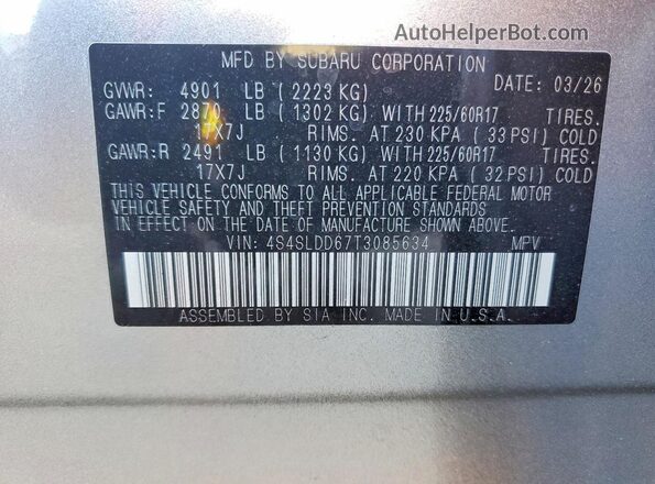 4S4SLDD67T3085634 2026 SUBARU FORESTER Серебряный Вид наклейки с VIN-кодом