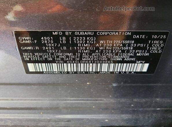 4S4SLDR68T3009865 2026 SUBARU FORESTER Gray Widok naklejki z numerem VIN
