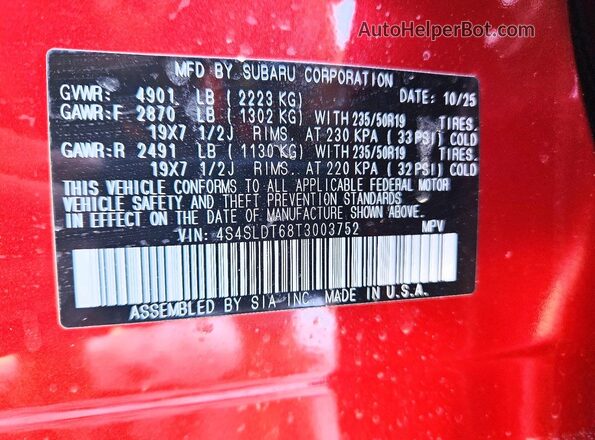 4S4SLDT68T3003752 2026 SUBARU FORESTER Красный Вид наклейки с VIN-кодом
