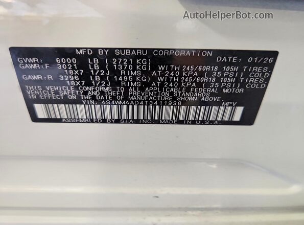 4S4WMAAD4T3411938 2026 SUBARU ASCENT Белый Вид наклейки с VIN-кодом