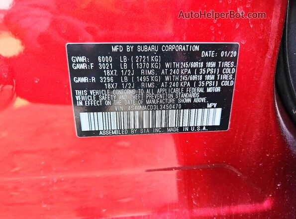 4S4WMACD3L3450470 2020 SUBARU ASCENT Красный Вид наклейки с VIN-кодом