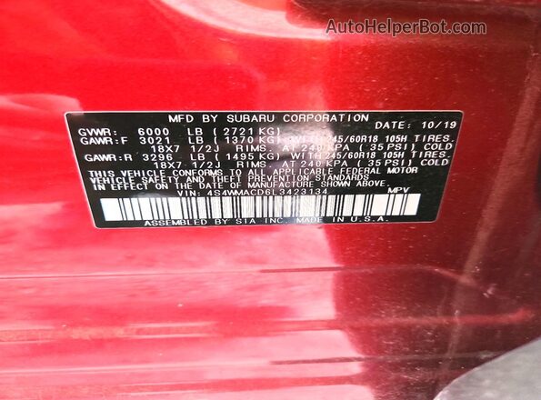 4S4WMACD6L3423134 2020 SUBARU ASCENT Бордовый Вид наклейки с VIN-кодом