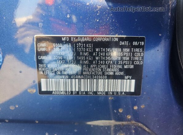 4S4WMACDXL3409608 2020 SUBARU ASCENT Blue VIN კოდის სტიკერის ხედი