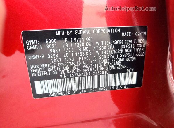4S4WMAED4K3457018 2019 SUBARU ASCENT Бордовый Вид наклейки с VIN-кодом