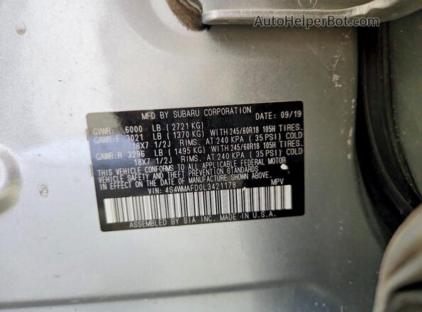 4S4WMAFD0L3421178 2020 SUBARU ASCENT Silver Vista de la etiqueta del VIN