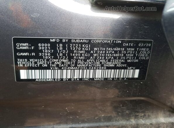 4S4WMAFD5L3462986 2020 SUBARU ASCENT Серый Вид наклейки с VIN-кодом