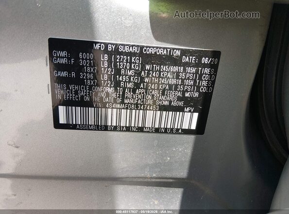 4S4WMAFD8L3474453 2020 SUBARU ASCENT Серебряный Вид подкапотного пространства