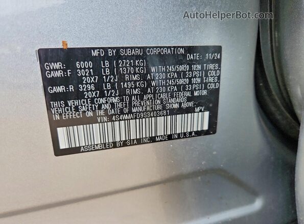 4S4WMAFD9S3403681 2025 SUBARU ASCENT Silver VIN კოდის სტიკერის ხედი