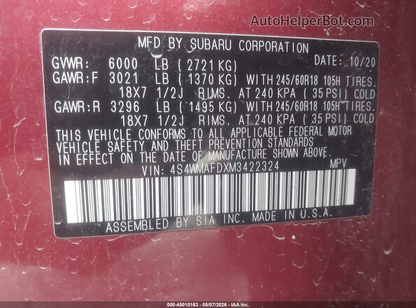 4S4WMAFDXM3422324 2021 SUBARU ASCENT Красный Вид подкапотного пространства