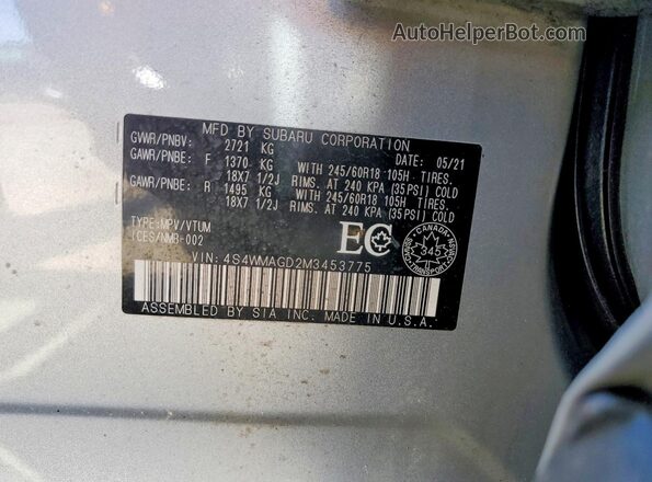 4S4WMAGD2M3453775 2021 SUBARU ASCENT Серебряный Вид наклейки с VIN-кодом