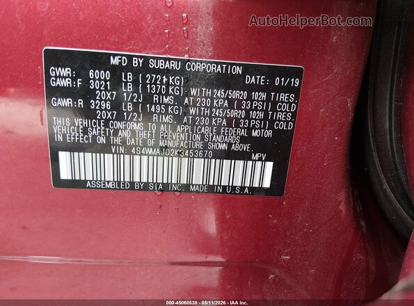 4S4WMAJD2K3453670 2019 SUBARU ASCENT Red Vista del compartimento del motor