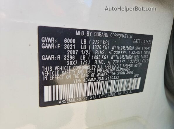4S4WMAJD4L3450433 2020 SUBARU ASCENT White Vista interior de 360 grados