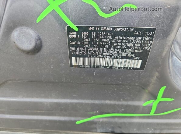 4S4WMAJD4N3407150 2022 SUBARU ASCENT Серый Панорамный вид салона 360°