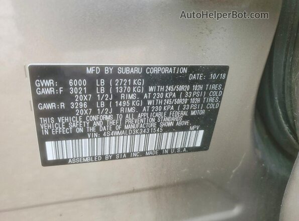4S4WMALD3K3431545 2019 SUBARU ASCENT Tan VIN კოდის სტიკერის ხედი