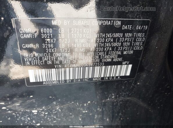 4S4WMALD3K3472533 2019 SUBARU ASCENT Black Widok komory silnika