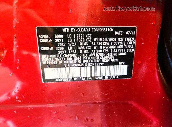 4S4WMALD4K3412292 2019 SUBARU ASCENT Красный Вид подкапотного пространства