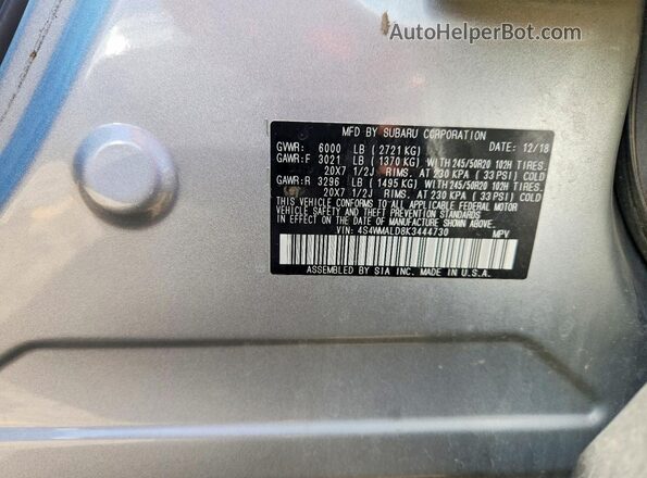4S4WMALD8K3444730 2019 SUBARU ASCENT Silver Вид наклейки з VIN-кодом