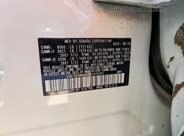 4S4WMAMD0K3409260 2019 SUBARU ASCENT White Vista de la etiqueta del VIN