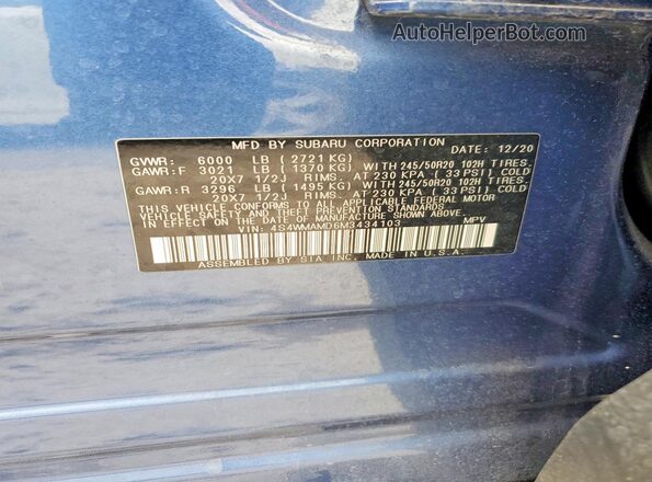 4S4WMAMD6M3434103 2021 SUBARU ASCENT Синий Панорамный вид салона 360°