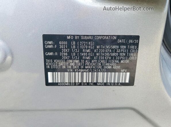 4S4WMAMD7L3474771 2020 SUBARU ASCENT Серебряный Панорамный вид салона 360°