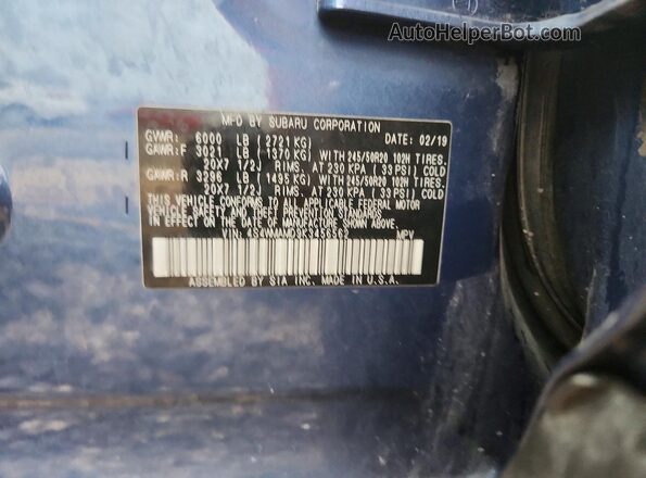 4S4WMAMD9K3456562 2019 SUBARU ASCENT Blue Vista de la etiqueta del VIN