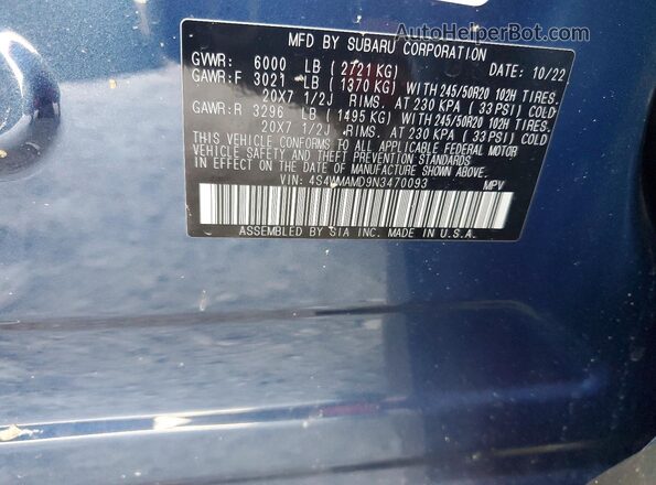 4S4WMAMD9N3470093 2022 SUBARU ASCENT Синий Вид наклейки с VIN-кодом