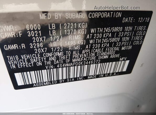 4S4WMAPD0K3446272 2019 SUBARU ASCENT Белый Вид подкапотного пространства