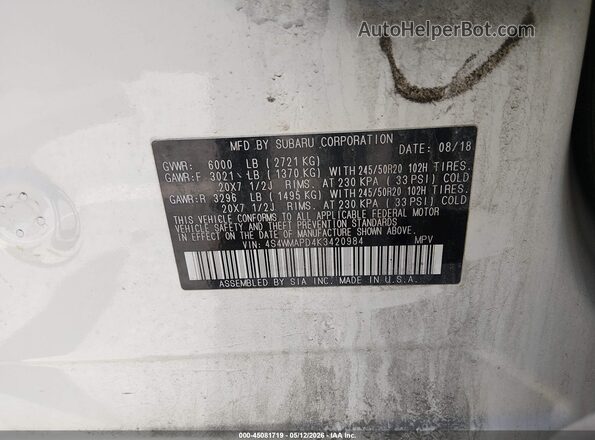 4S4WMAPD4K3420984 2019 SUBARU ASCENT White ძრავის განყოფილების ხედი