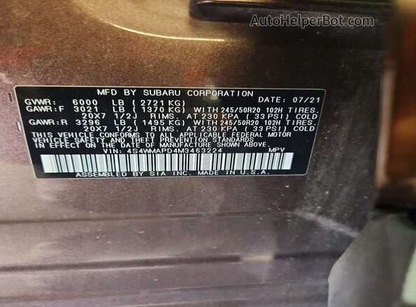 4S4WMAPD4M3463224 2021 SUBARU ASCENT Коричневый Панорамный вид салона 360°