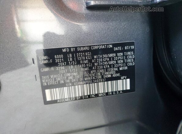 4S4WMAPD5L3407937 2020 SUBARU ASCENT Серый Панорамный вид салона 360°