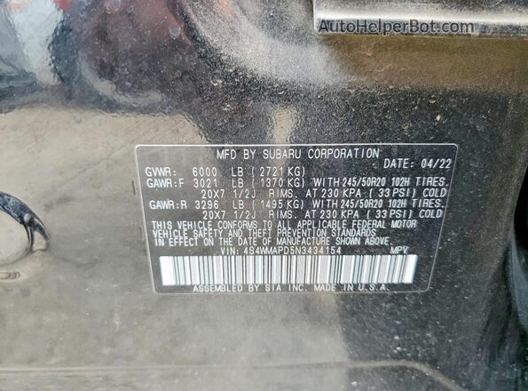 4S4WMAPD5N3434154 2022 SUBARU ASCENT Black Widok naklejki z numerem VIN