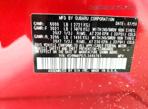4S4WMAPD7L3480761 2020 SUBARU ASCENT Красный Вид наклейки с VIN-кодом