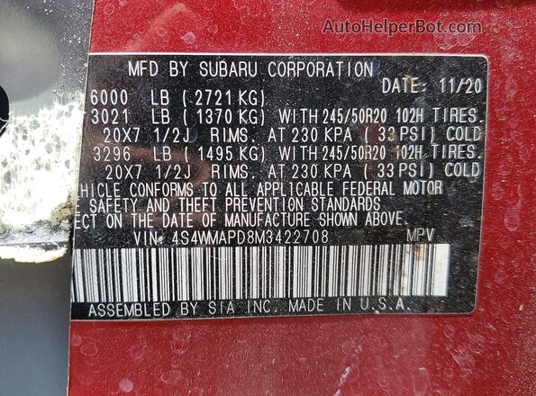 4S4WMAPD8M3422708 2021 SUBARU ASCENT Бордовый Панорамный вид салона 360°