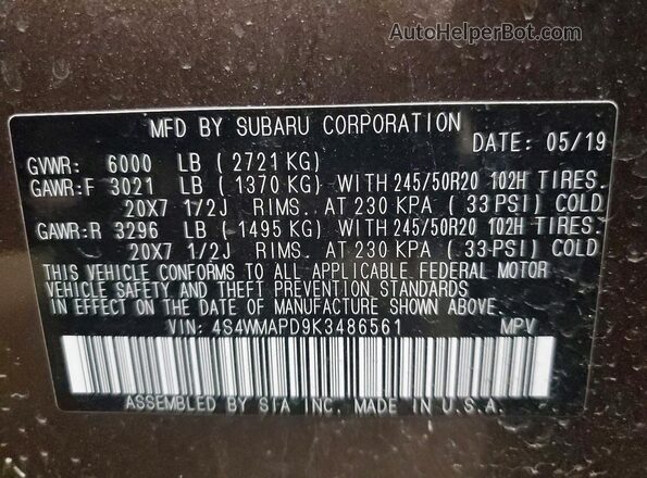 4S4WMAPD9K3486561 2019 SUBARU ASCENT Brown Vista de la etiqueta del VIN